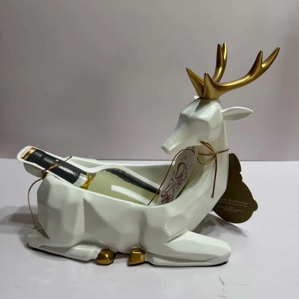Wild Eye Designs White Gold Reindeer Wine Bottle Holder Geometric Ceramic Deer